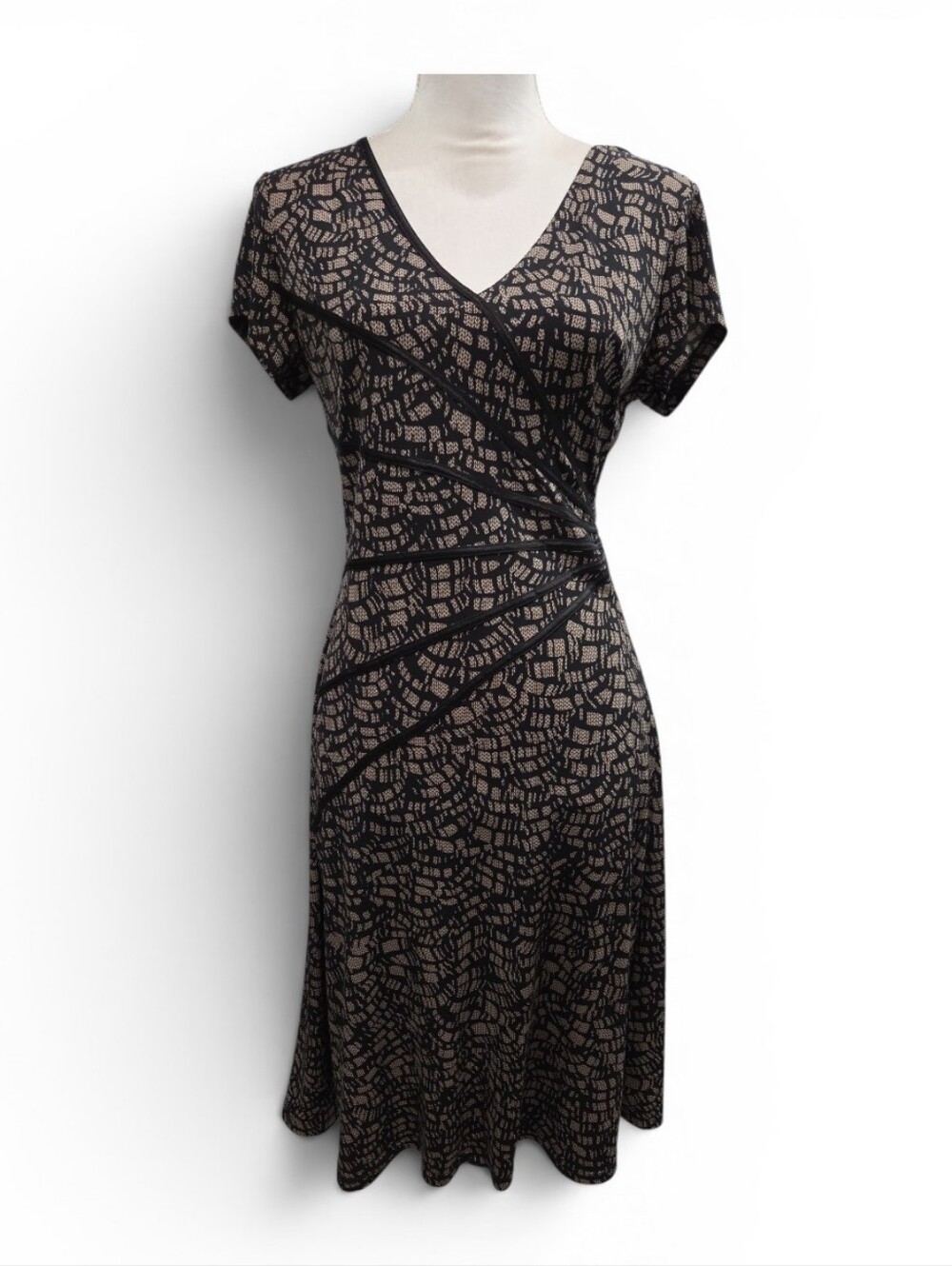 Connected Apparel Black and Beige Patterned Faux Wrap Midi Dress Size 8